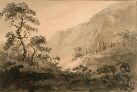 William Gilpin, "Mountainous Landscape with Ruin". Estimated 1790. pen, ink and ink wash on white laid paper prepared with a sepia wash. Artstor.